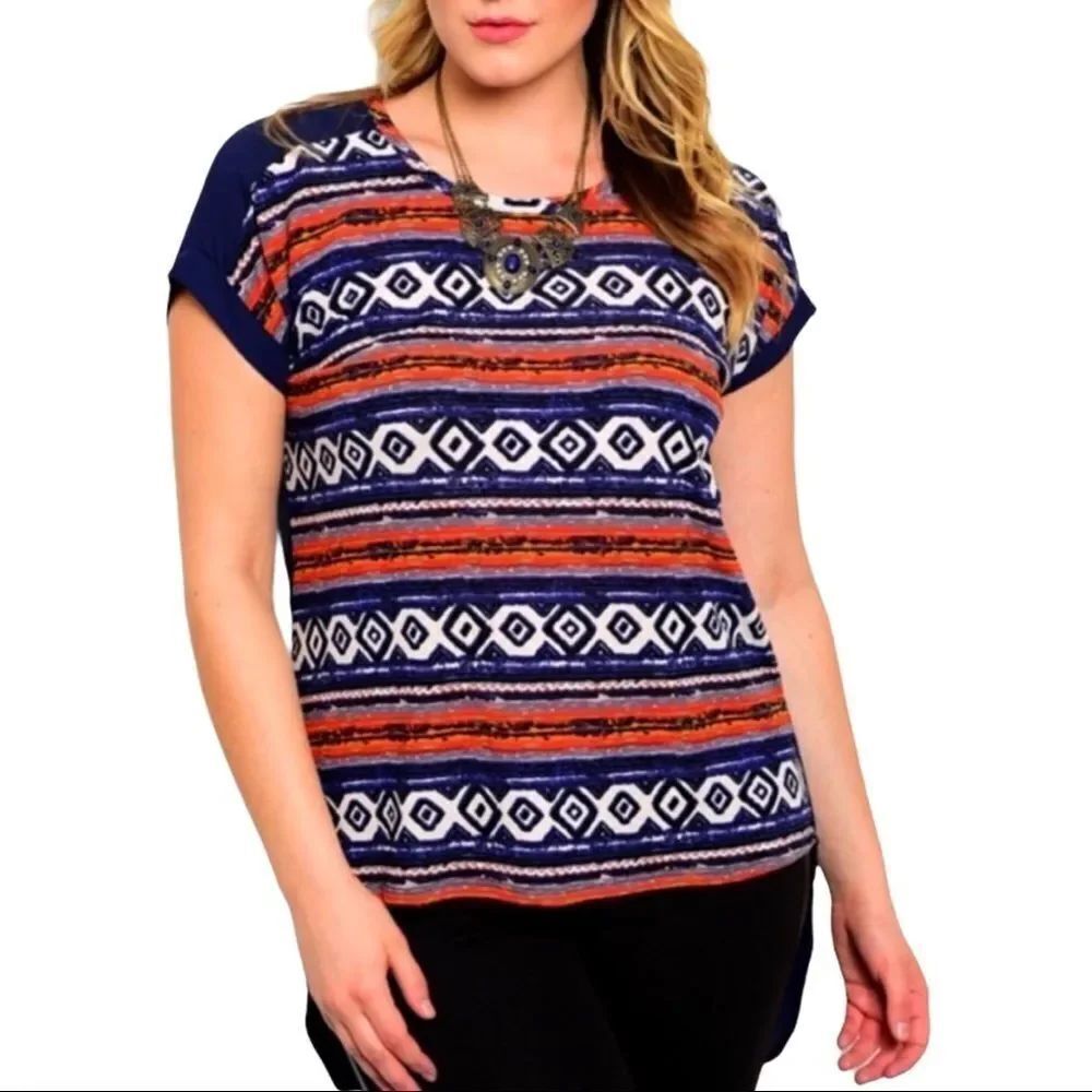 Boho Western Navy Tribal Round Neck Short Sleeve Tunic Top